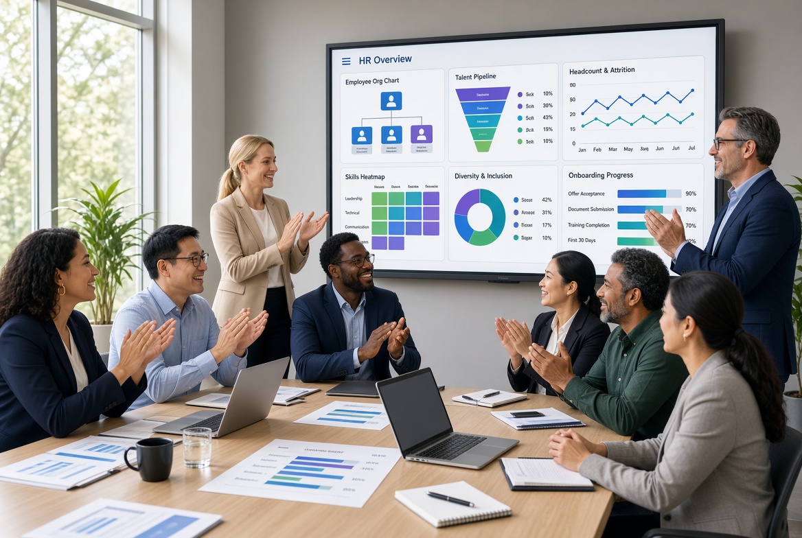HR and SAP SuccessFactors specialists reviewing an HR analytics dashboard in a workshop